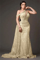 Champagne Mermaid Prom Dress Asymmetric Neck Beaded Evening Dress