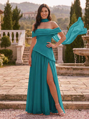 Chiffon Sheath/Column Off-the-Shoulder Floor-Length Bridesmaid Dress With Scarf & Split Side Aqua Blue