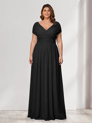 A-Line/Princess V-Neck Short Sleeves Chiffon Plus Size Bridesmaid Dresses With Bowknot Black