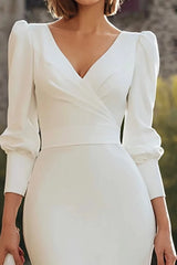 Simple V Neck Wedding Dress Long Sleeve Sheath/Column Bridal Gown
