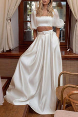 2pcs Square Neckline Beach Wedding Dress with A-line Flutter Sleeves