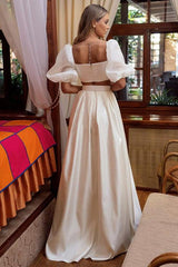 2pcs Square Neckline Wedding Dress with A-line Flutter Sleeves
