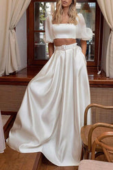 2pcs Square Neckline Wedding Dress with A-line Flutter Sleeves