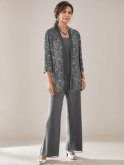 3 Pieces Scoop Neck 3/4 Sleeves Ankle-Length Mother of the Bride Pantsuits with Lace & Sequins & Jacket