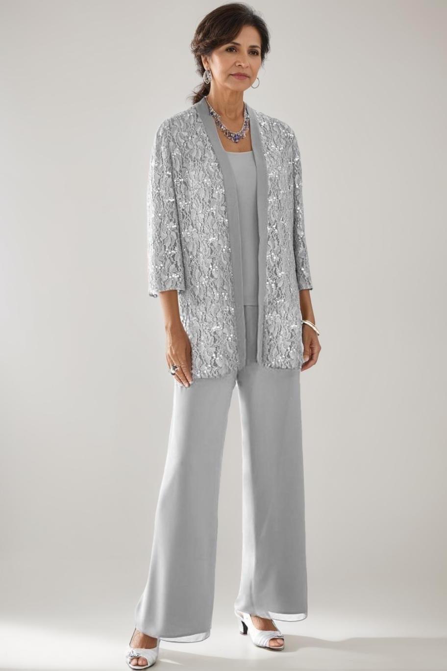 3 Pieces Scoop Neck 3/4 Sleeves Ankle-Length Mother of the Bride Pantsuits with Lace & Sequins & Jacket