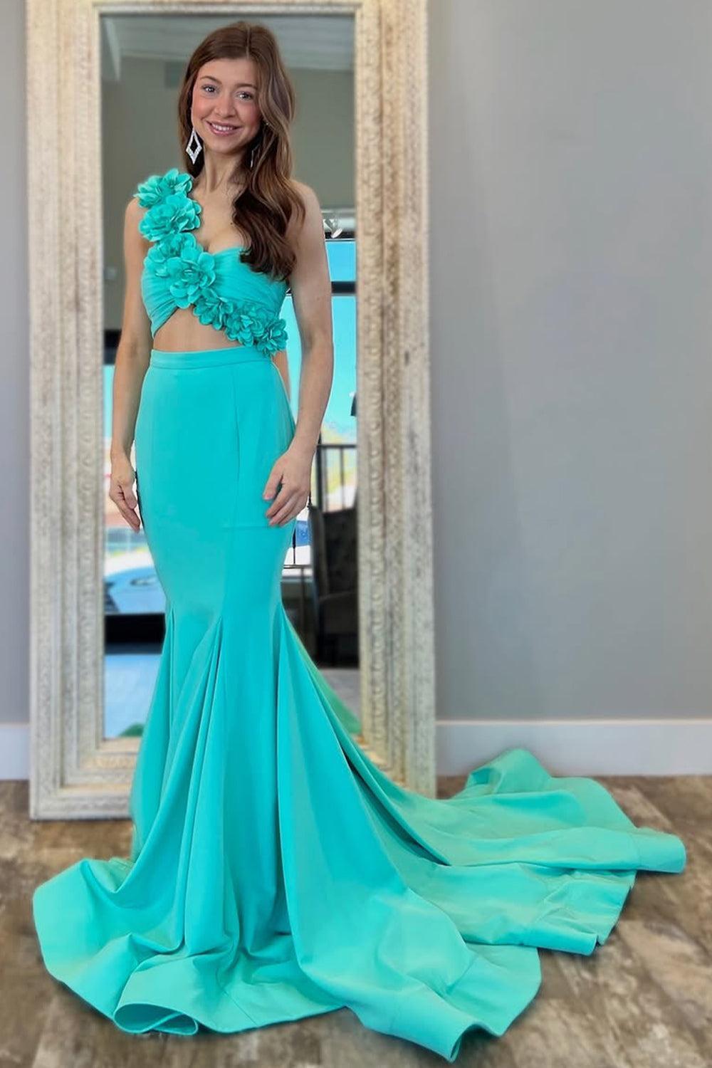 3D Floral Aqua Mermaid One Shoulder Cutout Waist Prom Dress Formal Evening Gown