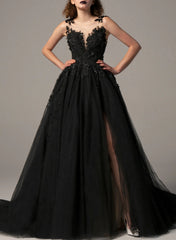 3D Floral Black Ball-Gown Wedding Dress