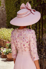 Dreamyannie Floral Dusty Rose Round Neck Ruched Midi Mother Of The Bride Dress With Sleeves