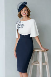 Dreamyannie Bodycon White And Navy Midi Mother Of The Bride Dress With Appliques