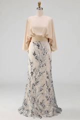 Sparkly Champagne Beaded Floral Mermaid Long Grandmother of the Bride Dress with Pockets