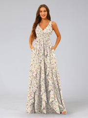 A-Line/Princess V-Neck Sleeveless Ruffles Floral Bridesmaid Dresses Pink