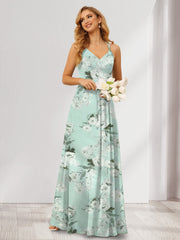 A-Line/Princess V-Neck Long Floral Bridesmaid Dresses with Ruched Green Floral