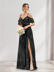 A-Line V-Neck Spaghetti Straps Floral Bridesmaid Dresses with Pockets Black