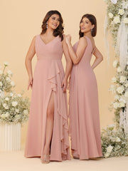 A-Line/Princess V-Neck Sleeveless Ruched Chiffon Plus Size Bridesmaid Dresses With Side Slit & Ruffles