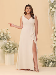 A-Line/Princess V-Neck Sleeveless Ruched Chiffon Plus Size Bridesmaid Dresses With Side Slit & Ruffles Light Champagne