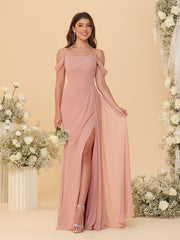 Sheath/Column Off-the-Shoulder Spaghetti Straps Long Ruched Bridesmaid Dresses With Side Slit