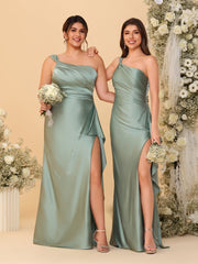 Sheath/Column One-Shoulder Sleeveless Split Side Bridesmaid Dresses with Ruffles