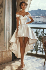 A Line Asymmetrical White Off The Shoulder Satin Graduation Dress