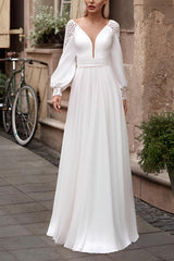 A-Line Beach Wedding Dress Long Sleeves Sweep Train Chiffon Bridal Dress With Lace