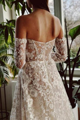 A Line Beach Wedding Dress Off The Shoulder Lace Beading Bridal Gown With Sleeves