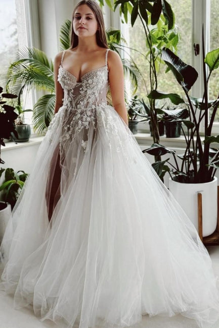 A Line Beach Wedding Dress Spaghetti Straps Tulle Lace Bridal Gown With Slit