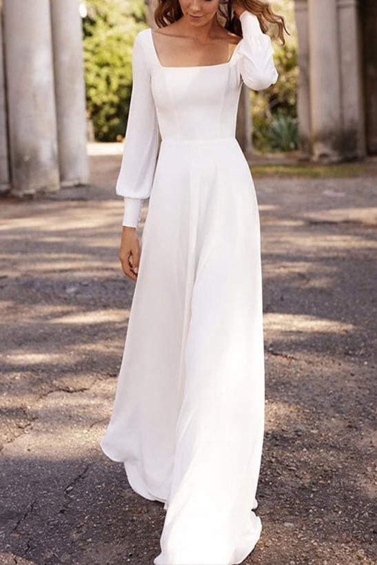 A-Line Beach Wedding Dress Square Neckline Long Sleeves Satin Bridal Gown With Sweep Train