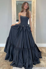 A Line Black Prom Dress Strapless Corset Long Pleated Evening Dress with Bow