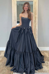 A Line Black Prom Dress Strapless Corset Long Pleated Evening Dress with Bow