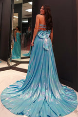 A Line Blue Prom Dress Metallic Formal Dress With Slit