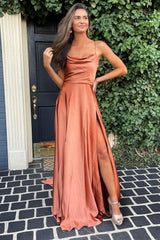A Line Bridesamid Dress Spaghetti Straps Blush Long Prom Dress with Split Front