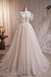 A Line Champagne Wedding Dress Lace Long Formal Evening Dress