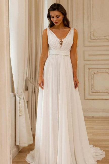 A Line Chiffon Lace V Neck Sleeveless White Wedding Dress Bridal Gown With Openback