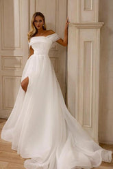 A Line Chiffon Tulle Off The Shoulder Sleeveless White Beach Wedding Dress Bridal Gown With Split Front