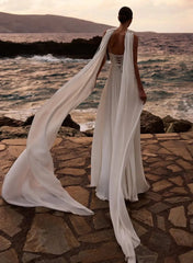 A Line Cowl Neck Sleeveless Floor Length Stretch Satin Wedding Dress with Pockets and Detachable Shawl
