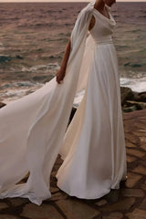 A Line Cowl Neck Sleeveless Floor Length Stretch Satin Wedding Dress with Pockets and Detachable Shawl