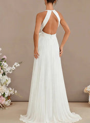 A Line Cowl Neck Sleeveless Sweep Train Chiffon Wedding Dress with Bow and Pockets