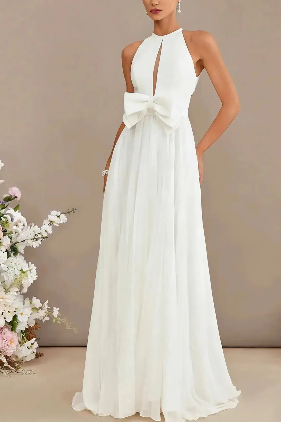 A Line Cowl Neck Sleeveless Sweep Train Chiffon Wedding Dress with Bow and Pockets