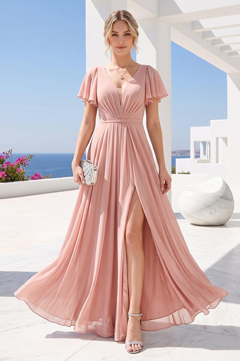 A-Line Deep V-Neck Short Sleeves Split Side Chiffon Bridesmaid Dresses As Picture
