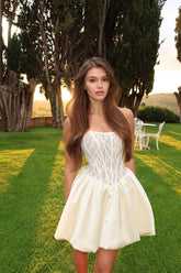 A Line Graduation Dress Strapless Satin Short Cocktail Dress With Lace Appliques