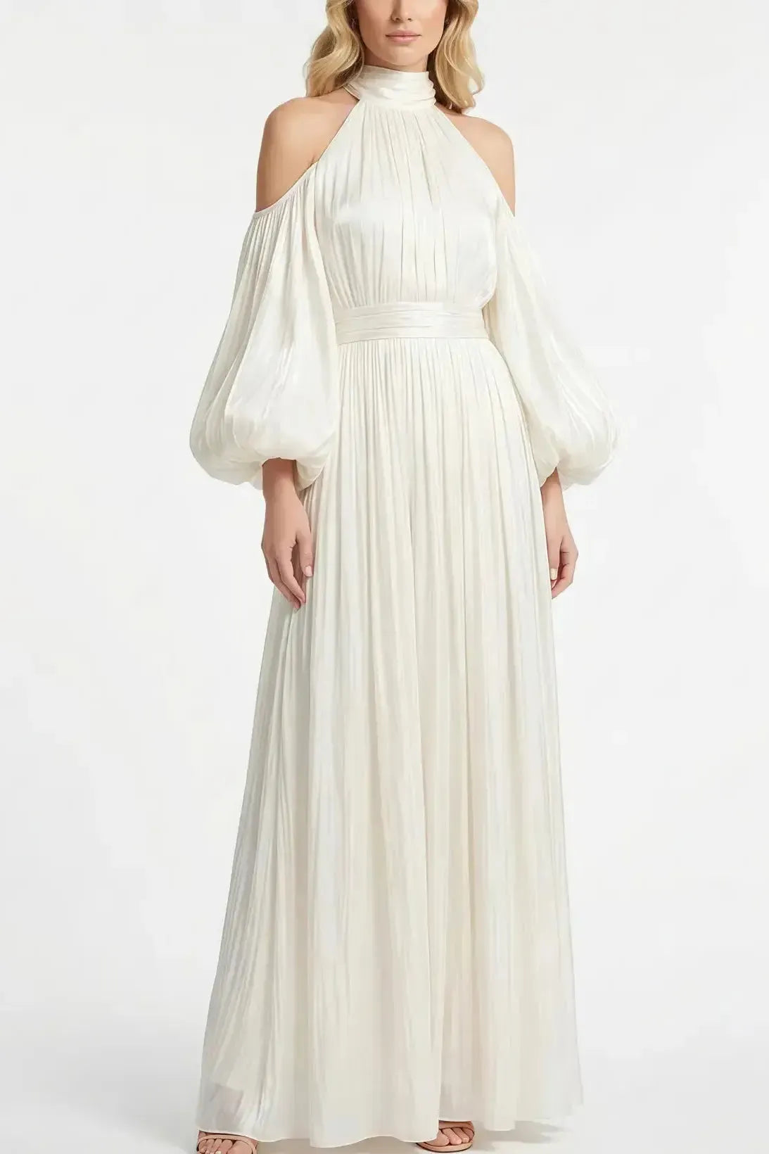 A Line Halter Neck Long Sleeves Floor Length Wedding Dress with Pleats