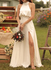 A Line Halter Sleeveless Silk Like Satin Bridesmaid Dresses With Split Front