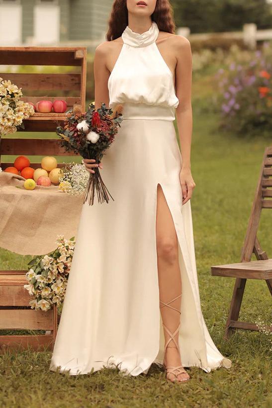 A Line Halter Sleeveless Silk Like Satin Bridesmaid Dresses With Split Front