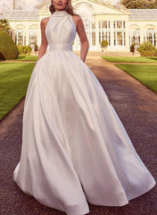 A-Line Halter Sleeveless Sweep Train Satin Beach Wedding Dresses With Pockets