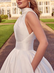 A-Line Halter Sleeveless Sweep Train Satin Beach Wedding Dresses With Pockets