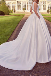 A-Line Halter Sleeveless Sweep Train Satin Wedding Dresses With Pockets