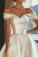 A Line High Low White Beach Wedding Dress Off The Shoulder Satin Bridal Gown