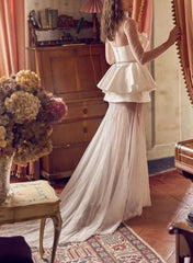 A Line High Neck Long Sleeves Court Train Satin Wedding Dress with Beading