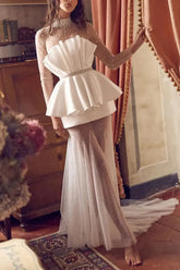 Dreamyannie A Line High Neck Long Sleeves Court Train Satin Wedding Dress with Beading