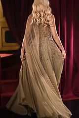 A Line High Neck One Shoulder Cap Sleeve Beaded Floor Length Tulle Formal Dress With Rhinestones