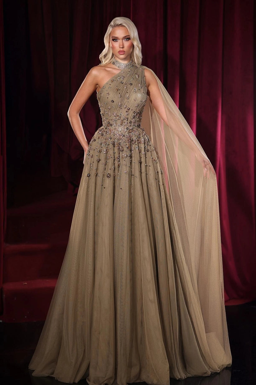 A Line High Neck One Shoulder Cap Sleeve Beaded Floor Length Tulle Formal Dress With Rhinestones